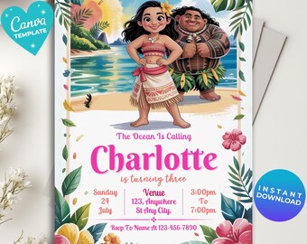 Editable Moana Birthday Invitation Girl | Baby Moana Digital Invite | Hawaiian Invite Template | Instant Download | Canva Template
