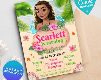 Editable Moana Birthday Invitation Girl | Baby Moana Digital Invite | Hawaiian Invite Template | Instant Download | Canva Template