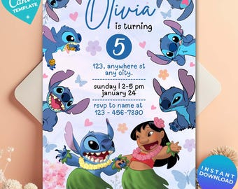 Editable Lilo & Stitch Birthday Invitation, Printable Template, Cute Stitch Party Invite, Stitch Theme, Canva Template, Instant Download