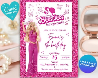 Editable fashion doll birthday Invitation | Fashion Doll Birthday Party Template | Pink Glitter Party | Instant Download | Canva Template