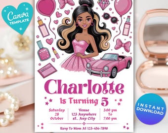 Black Fashion Doll Birthday Invitation | Pink Glitter Party for Girls | Black Doll Birthday Template | Instant Download | Canva Template