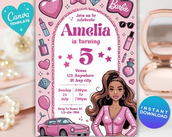 Black Fashion Doll Birthday Invitation | Pink Glitter Party for Girls | Black Doll Birthday Template | Instant Download | Canva Template