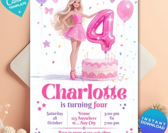 Editable fashion doll 4th birthday Invitation | Fashion Doll Birthday Template | Pink Glitter Party | Instant Download | Canva Template