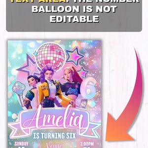 Puede incluir: Una invitaci&oacute;n de cumplea&ntilde;os colorida con el nombre "Amelia" y el texto "IS TURNING SIX". La invitaci&oacute;n incluye la fecha, la hora y la informaci&oacute;n de RSVP. La parte superior de la invitaci&oacute;n tiene el texto "YOU CAN ONLY EDIT THE TEXT AREA. THE NUMBER BALLOON IS NOT EDITABLE."