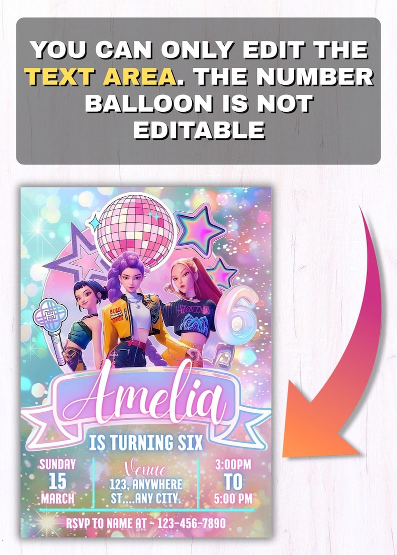Puede incluir: Una invitaci&oacute;n de cumplea&ntilde;os colorida con el nombre "Amelia" y el texto "IS TURNING SIX". La invitaci&oacute;n incluye la fecha, la hora y la informaci&oacute;n de RSVP. La parte superior de la invitaci&oacute;n tiene el texto "YOU CAN ONLY EDIT THE TEXT AREA. THE NUMBER BALLOON IS NOT EDITABLE."