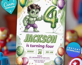 Editable Hulk 4th Birthday Invitation Template | Canva Template | Digital Hulk Invitation | instant download | Avengers Superhero Birthday