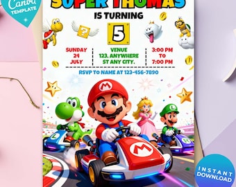 Invitación de cumpleaños de Super Mario Kart, invitación editable para fiesta de carreras de Mario, plantilla de Canva, tarjeta para fiesta de videojuegos para niños, invitación de carreras de autos de Mario Kart