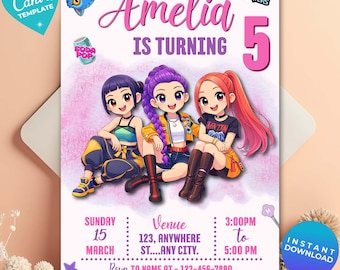 K-pop Demon Hunters Birthday Invitation, K-pop Birthday Template, Kpop Anime Invite, Digital Download, Printable Card for Kids
