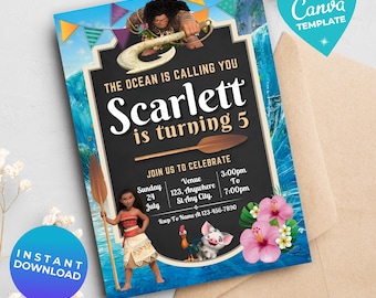 Editable Moana Birthday Invitation Girl | Baby Moana Digital Invite | Hawaiian Invite Template | Instant Download | Canva Template