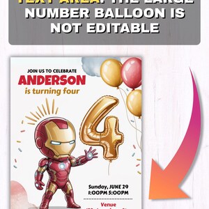 Puede incluir: Invitaci&oacute;n de cumplea&ntilde;os con un personaje de Iron Man y un globo dorado con el n&uacute;mero 4. La invitaci&oacute;n incluye el texto "ANDERSON cumple cuatro a&ntilde;os" y detalles del evento. El dise&ntilde;o incorpora colores dorados, rojos y azules.