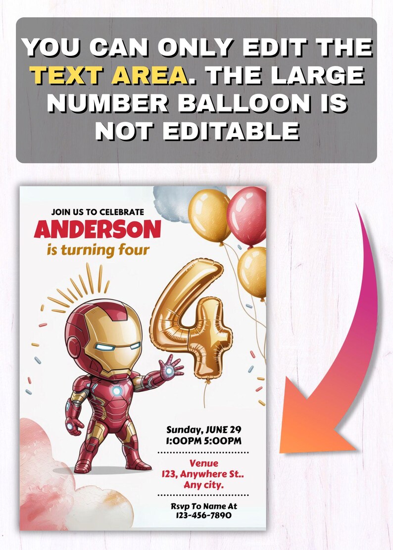 Puede incluir: Invitaci&oacute;n de cumplea&ntilde;os con un personaje de Iron Man y un globo dorado con el n&uacute;mero 4. La invitaci&oacute;n incluye el texto "ANDERSON cumple cuatro a&ntilde;os" y detalles del evento. El dise&ntilde;o incorpora colores dorados, rojos y azules.