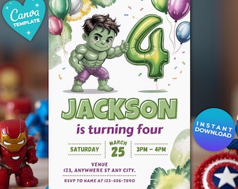 Editable Hulk 4th Birthday Invitation Template | Canva Template | Digital Hulk Invitation | instant download | Avengers Superhero Birthday
