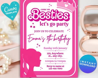 Invitación editable para fiesta de cumpleaños de muñecas de moda / Plantilla para fiesta de cumpleaños de muñecas de moda / Fiesta con purpurina rosa / Descarga instantánea / Plantilla para Canva