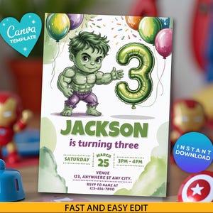 Modello modificabile per invito al terzo compleanno di Hulk / Modello Canva / Invito digitale a Hulk / Download immediato / Compleanno da supereroe degli Avengers