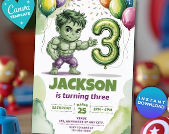 Editable Hulk 3rd Birthday Invitation Template | Canva Template | Digital Hulk Invitation | instant download | Avengers Superhero Birthday