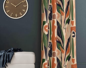 Vintage Abstract Leaf Curtains: Retro Green Orange Boho Panels