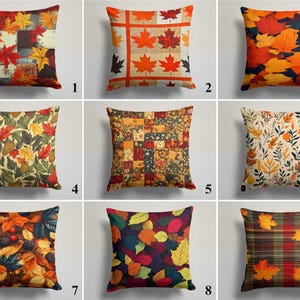 Puede incluir: Un conjunto de nueve cojines cuadrados con varios patrones de temática otoñal, que incluyen hojas de arce, bellotas, bayas y diseños de cuadros en tonos naranja, rojo, amarillo, marrón y verde oscuro, numerados del uno al nueve.