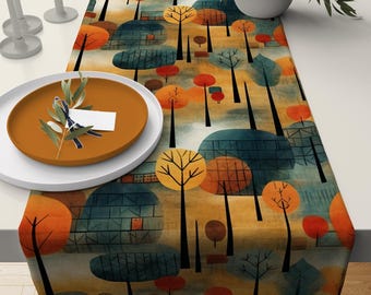May include: A colorful table runner with a whimsical tree design in shades of orange, yellow, and teal. The runner features a repeating pattern of stylized trees and houses, creating a vibrant and artistic aesthetic. A plate and a vase are on the table.