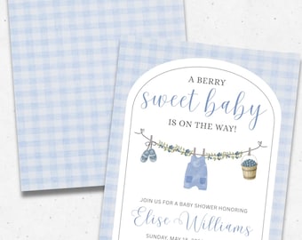 Blueberry Baby Shower Invitation Boy • A Berry Sweet Baby Invite • Editable Template • Blue Gingham Baby Shower Printable • Instant Download