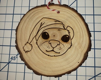 Ornament - Ferret w/ Santas hat on 3" wooden disc