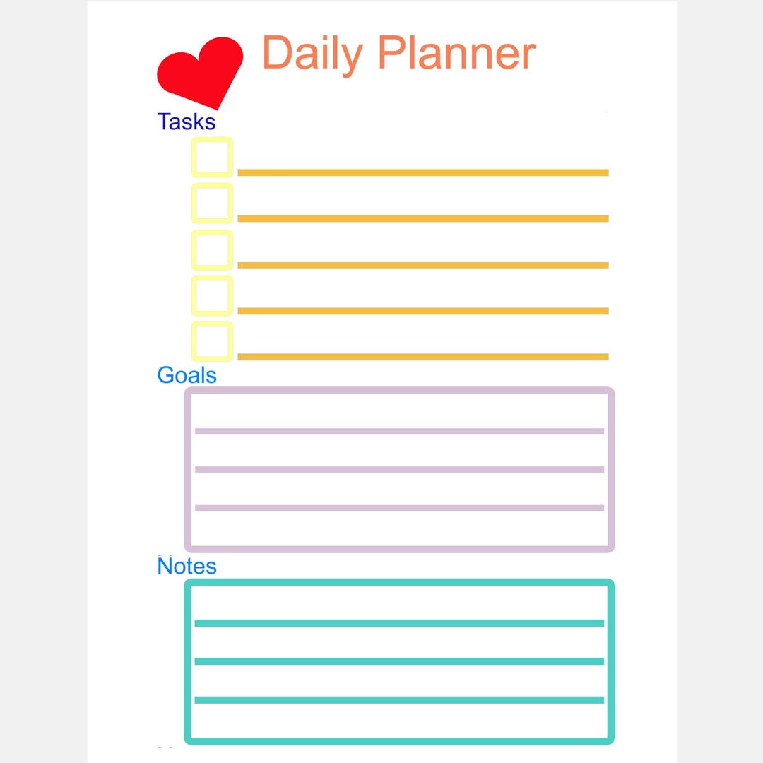 Fillable Daily Planner With Heart. Five Tasks, Goals, and Notes. - Etsy