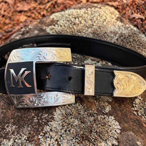 Juego de hebillas de 3 piezas grabadas a mano con la marca Ranch: Hebilla de cinturón de vaquero del oeste