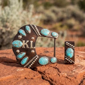 May include: A dark metal belt buckle and matching leather keeper featuring inlaid oval turquoise stones, silver beaded trim, and the silver letters KL centered on the buckle. The design includes multiple turquoise cabochons arranged along the curved edge of the buckle and a single turquoise stone on the rectangular keeper.