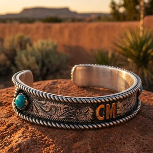 Puede incluir: Un brazalete de plata con borde de cuerda trenzada, intrincados grabados de volutas, una piedra turquesa redonda y las letras CM de color dorado. El brazalete tiene un diseño abierto y un acabado metálico pulido en toda la banda.