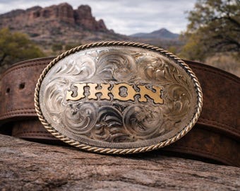 Custom Name Engraved Western Belt Buckle, Personalized Cowboy Buckle with Text, Handmade Trophy Style