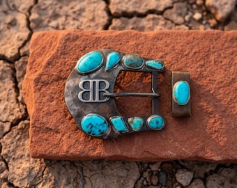 Custom Belt Buckle with Initials or Ranch Brand | Turquoise Stone | Handmade Oxidized Southwestern Western Buckle Set with Keeper