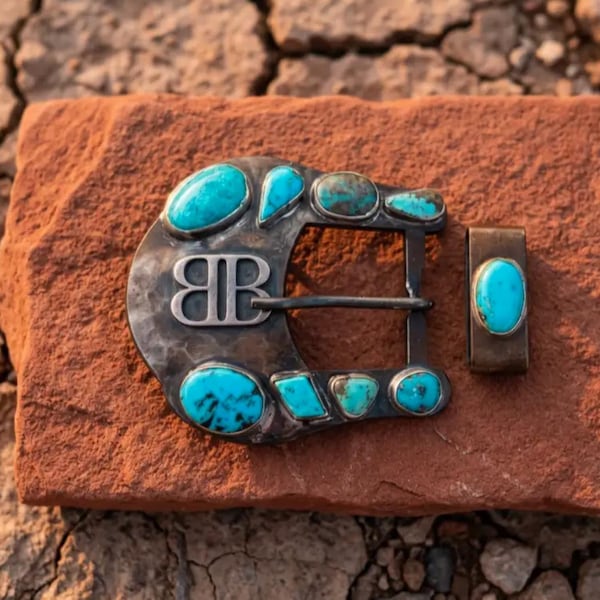 Custom Belt Buckle with Initials or Ranch Brand | Turquoise Stone | Handmade Oxidized Southwestern Western Buckle Set with Keeper