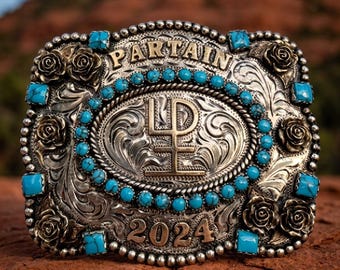 Custom Name and Brand Belt Buckle, Personalized Turquoise Western Trophy Buckle, Hand Engraved Ranch Brand Buckle, Cowgirl Gift