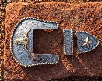 Hand Engraved Longhorn & Star Western Belt Buckle Set