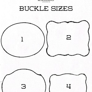 May include: A black and white graphic showing four buckle shapes labeled 1 through 4. The top features the Coyote Metals & Supply logo and the text BUCKLE SIZES. Shape 1 is an oval, 2 is a scalloped rectangle, 3 is a rounded oval, and 4 is a rectangle.