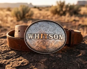 Fibbia per cintura western con nome inciso personalizzato, fibbia da cowboy personalizzata con testo, stile trofeo fatto a mano