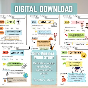 Op de afbeelding: Digitale download van een Bijbelse Woordstudie voor kinderen. De studie omvat definities, oorsprongen, vocabulaire en Schriftstudie. De pagina's zijn wit met kleurrijke tekst en illustraties, waaronder de woorden "Cross", "Salvation", "Sin", "Atonement" en "Suffering".