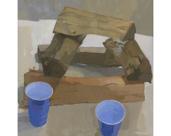 Blue Cups and Firewood - oil on canvas still life painting