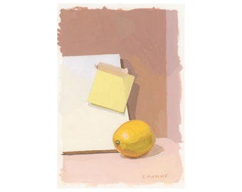 Lemon with Note Paper - gouache on paper painting