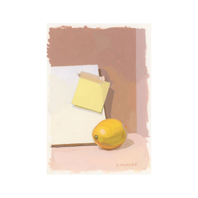 Lemon with Note Paper gouache on paper painting image 1