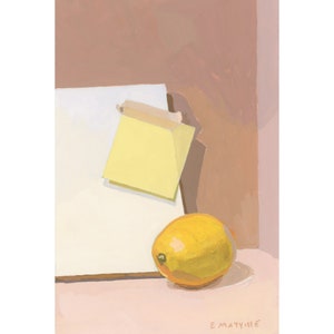 Lemon with Note Paper gouache on paper painting image 2