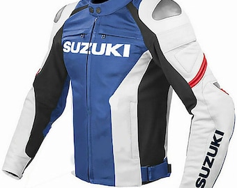 Blue & White Motorcycle Leather Jacket: Armored Biker Gear