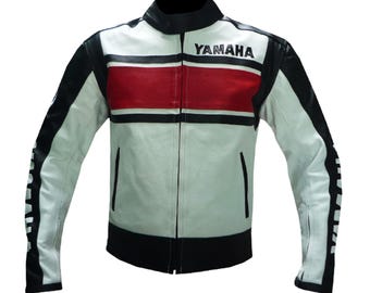 Yamaha Motorcycle Leather Biker Jacket: Armored Cowhide, Classic Design