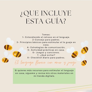 Op de afbeelding: Een Spaanstalige gids getiteld "Wat bevat deze gids?" met onderwerpen over taalontwikkeling. De afbeelding bevat illustraties van bijen en kinderen die met blokken spelen. De gids is van Blue Sky Kids Therapy.