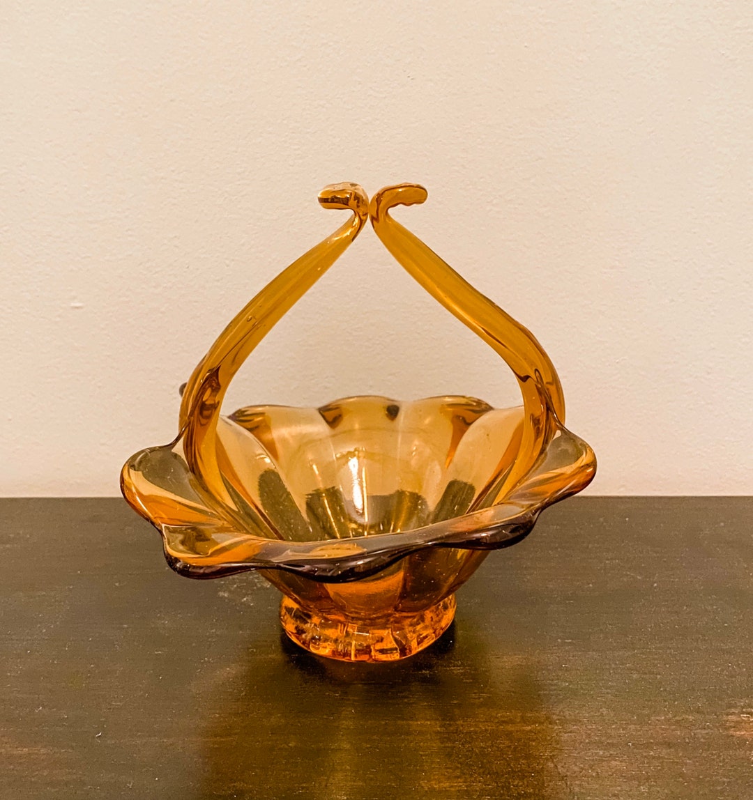Vintage Amber Glass Basket Bowl Etsy