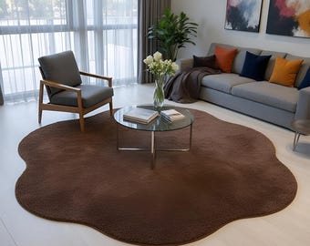 Hand Tufted Brown Organic Shape Rug, Minimalist Living Room Wool Carpet, Custom Size Rug