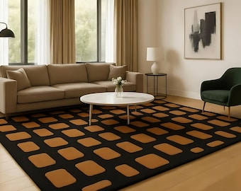 Geometric Wool Rug: Black & Mustard Hand-Tufted Area Carpet