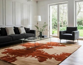 Hand-tufted Abstract Rust Beige Wool Area Rug, Modern Living Room Carpet