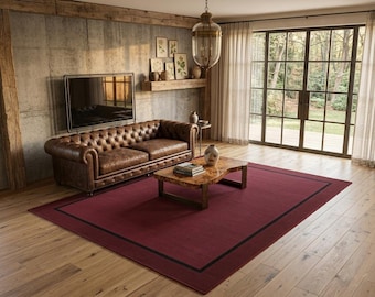 Hand-Tufted Wool Area Rug: Modern Burgundy with Dark Border