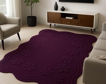 Hand Tufted Wool Floral Rug: Purple Flower Pattern, Wavy Border