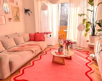 Hand-tufted Wool Wavy Rug, Organic Abstract Pink Statement Carpet